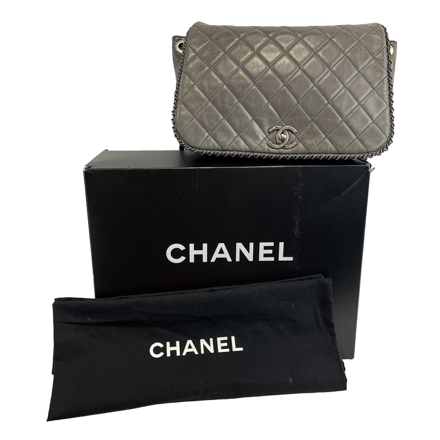 CHANEL - Calfskin Quilted Large CC Enchained Accordion - Gray Shoulder Bag