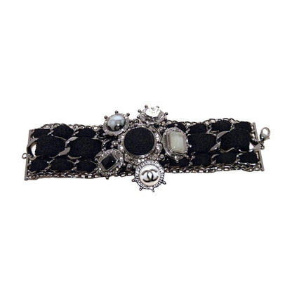 CHANEL Black Wool and Gunmetal limited Edition Charm Bracelet