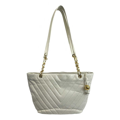 CHANEL - Vintage 1994 White Leather Small Chevron Tote / Shoulder Bag