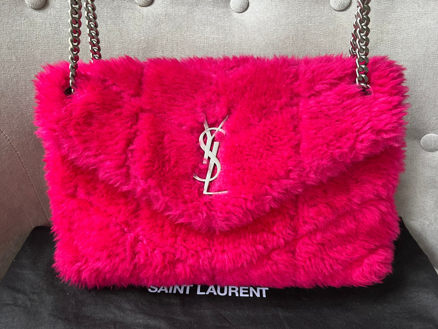 Yves Saint Laurent (YSL) Small Puffer in Pink Shearling with Silver Hardware