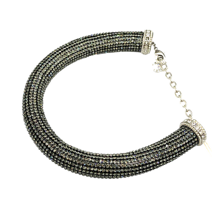 CHANEL - 17K CC Rhinestone Crystal Choker Necklace - Black / Silver