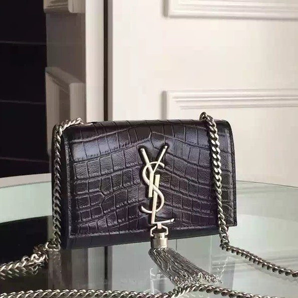 Yves Saint Laurent Small Monogram Tassel Satchel In Black Crocodile Leather