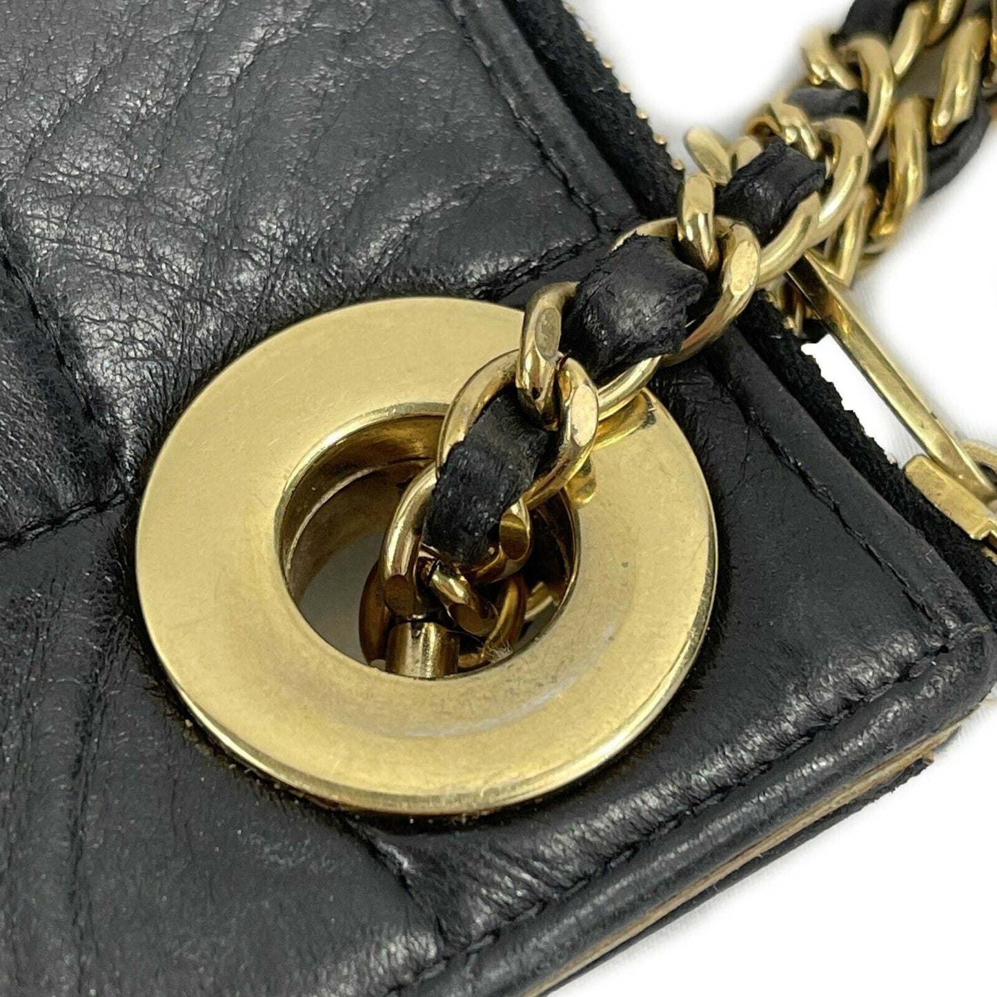 CHANEL - Vintage Mini Handcuff Wristlet Clutch - Black / Beige / Gold Ring