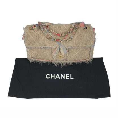 CHANEL - Quilted Stitched Tan Raffia / Straw CC Country Flap Shoulder Bag