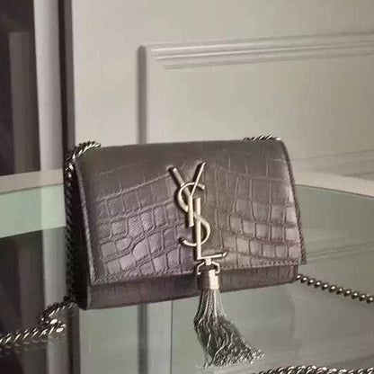 Yves Saint Laurent Small Monogram Tassel Satchel In Grey Crocodile Leather