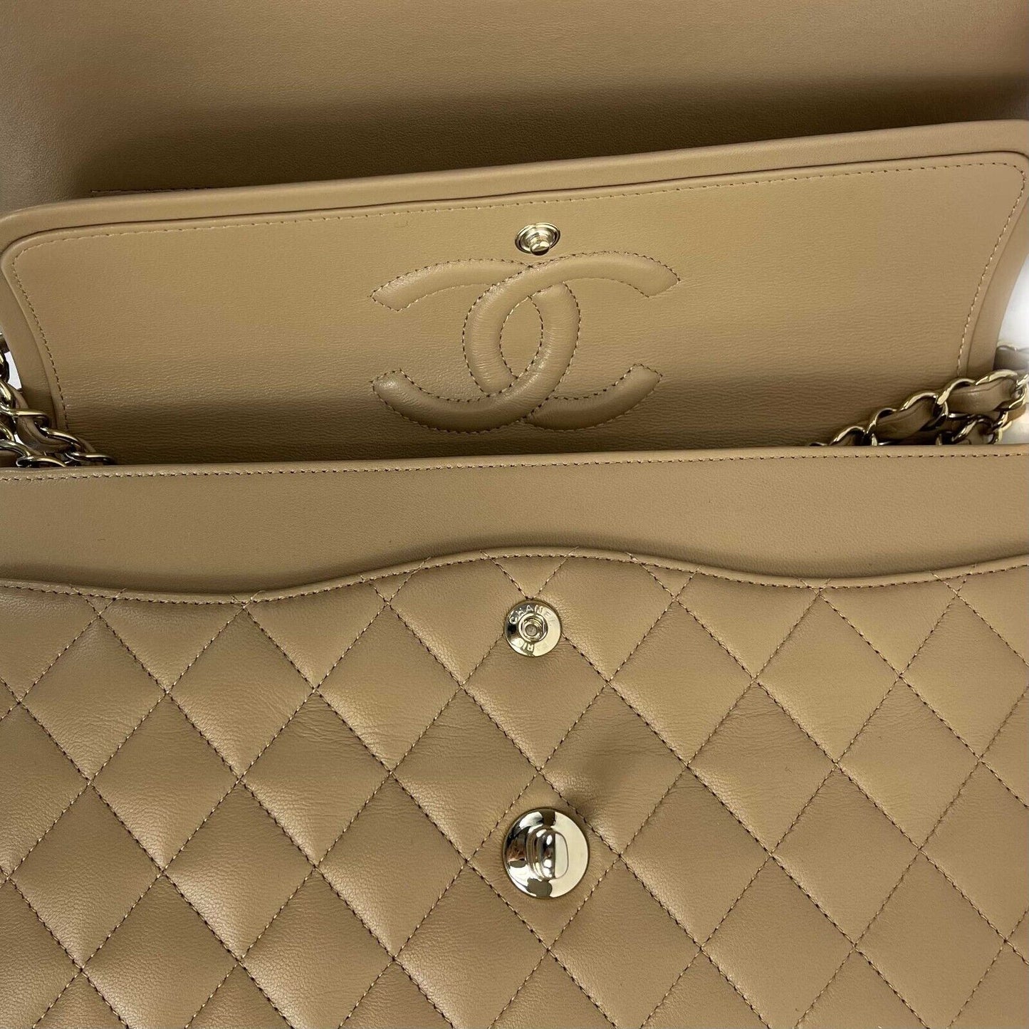 CHANEL - New w/ Tags - 22B Classic Double Flap CC Beige Shoulder Bag