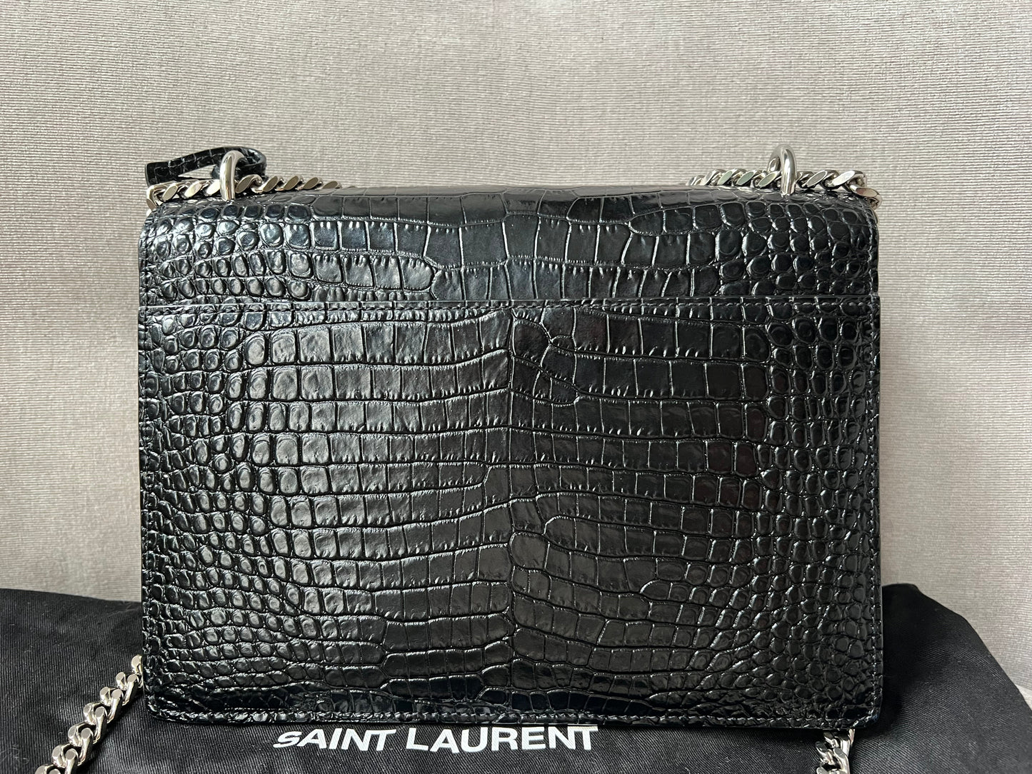 Yves Saint Laurent (YSL) Black Croc Medium Sunset with Silver Hardware