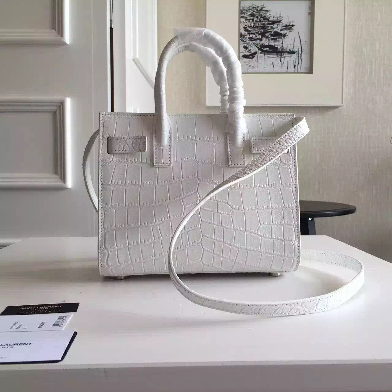 Yves Saint Laurent Nano Sac De Jour Croc Embossed White Bag