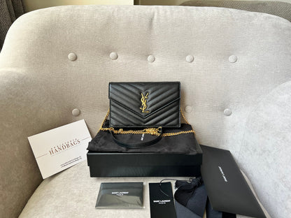 Yves Saint Laurent (YSL) Black Cassandra Envelope Chain Wallet