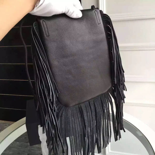 Yves Saint Laurent Anita Fringed Flat Bag In Black Leather