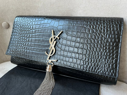 Yves Saint Laurent (YSL) Black Croc Print Kate Clutch