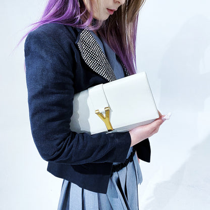 Yves Saint Laurent White Textured Leather Y-ligne Clutch