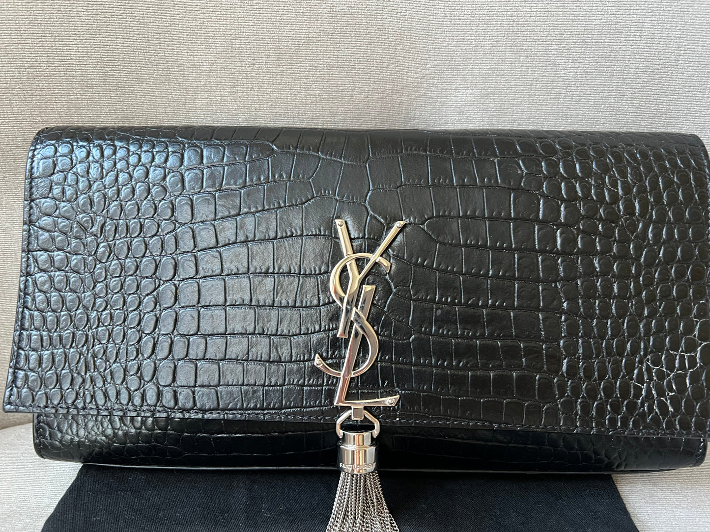 Yves Saint Laurent (YSL) Black Croc Print Kate Clutch