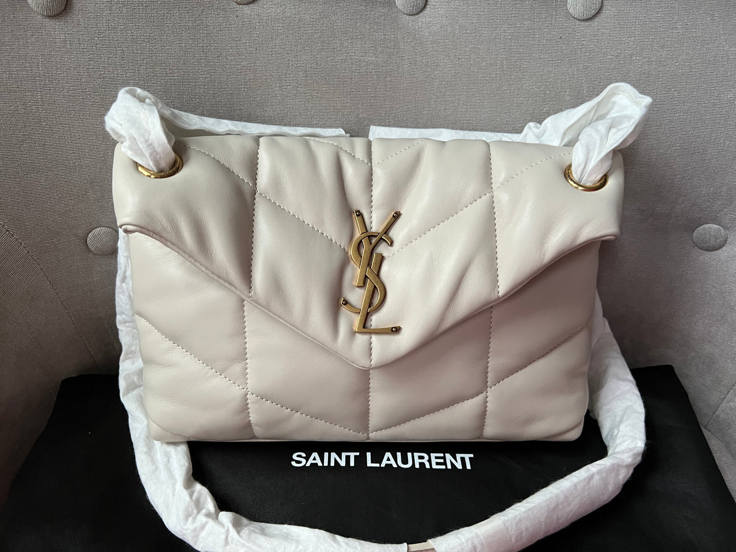 Yves Saint Laurent (YSL) Small Puffer in Blanc Vintage Quilted Lambskin Gold Hardware