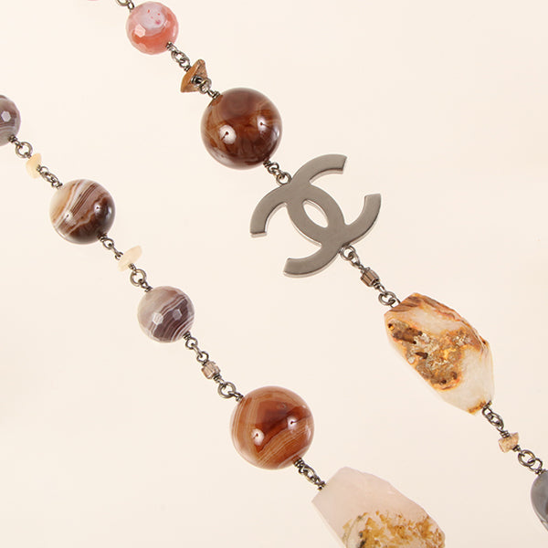 CHANEL 2010 Made Cc Mark Stone Long Necklace Brown/Multi