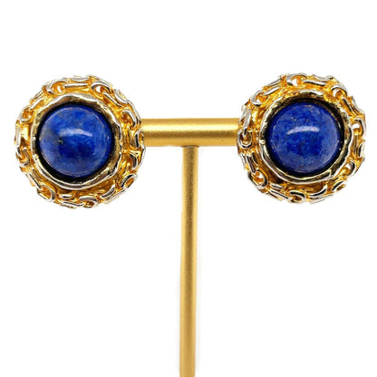 CHANEL - 93A Woven Chain Lapis Lazuli Cabochon Button Earrings Gold / Blue