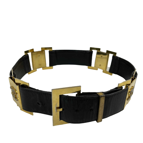 CHANEL Vintage 1980's Black Leather and Gold Buckle CC Link Belt