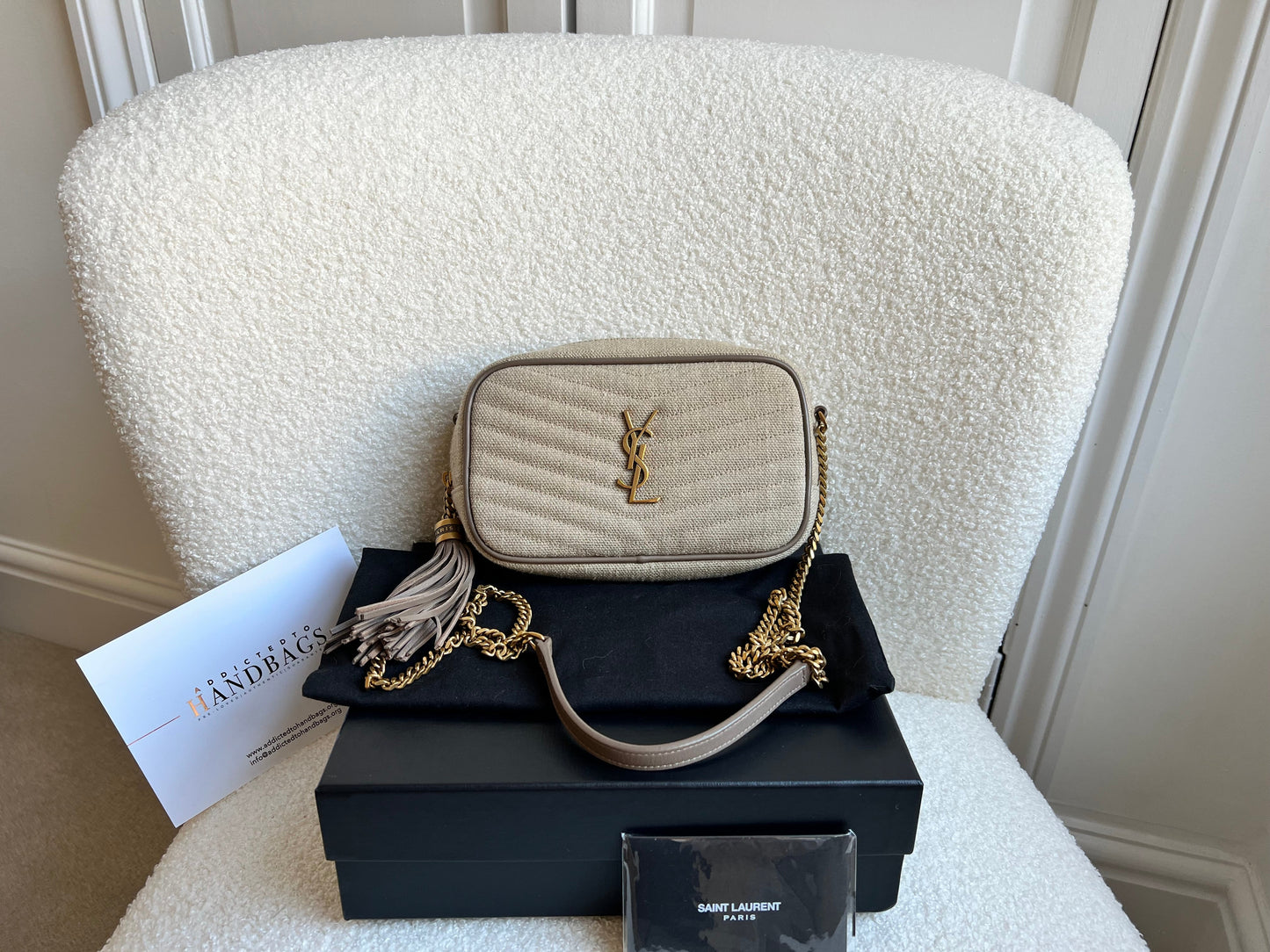 Yves Saint Laurent (YSL) Beige Linen Mini Lou Camera Bag