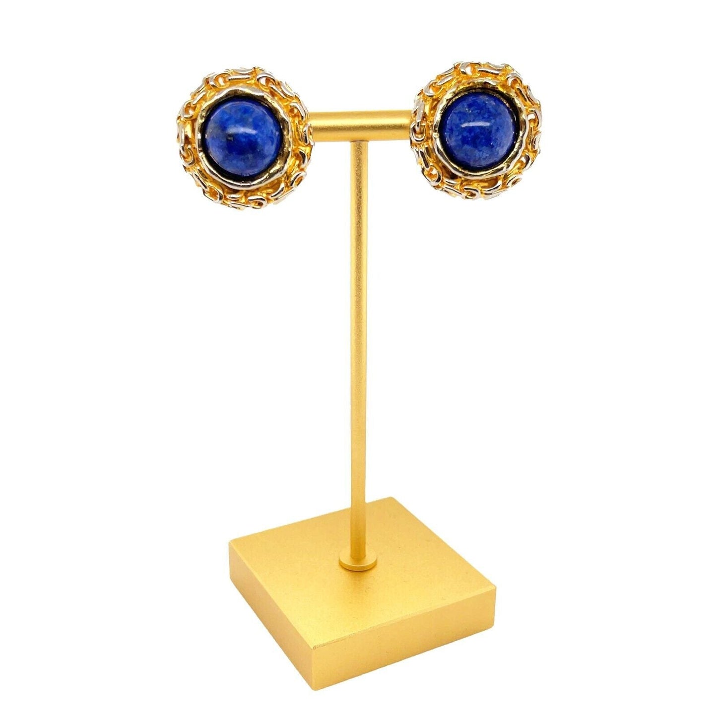 CHANEL - 93A Woven Chain Lapis Lazuli Cabochon Button Earrings Gold / Blue