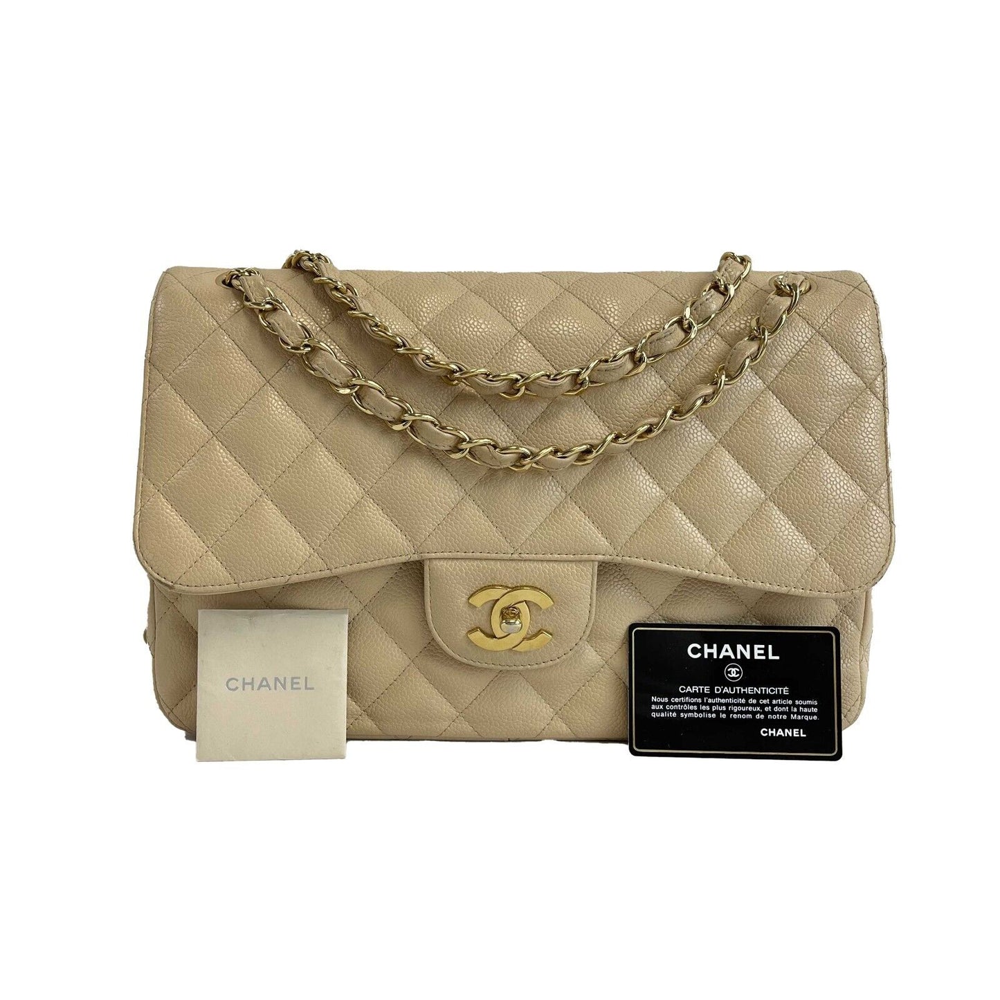 CHANEL - Large CC Caviar Leather Double Flap Tan Shoulder Bag