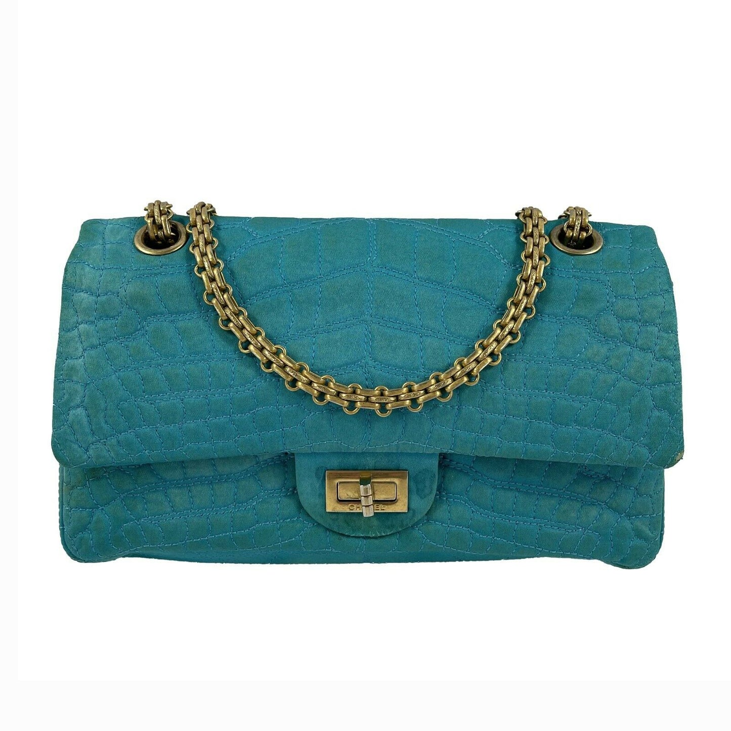 CHANEL - Reissue Small 2.55 Satin Crocodile Stitch - Turquoise / Gold Crossbody