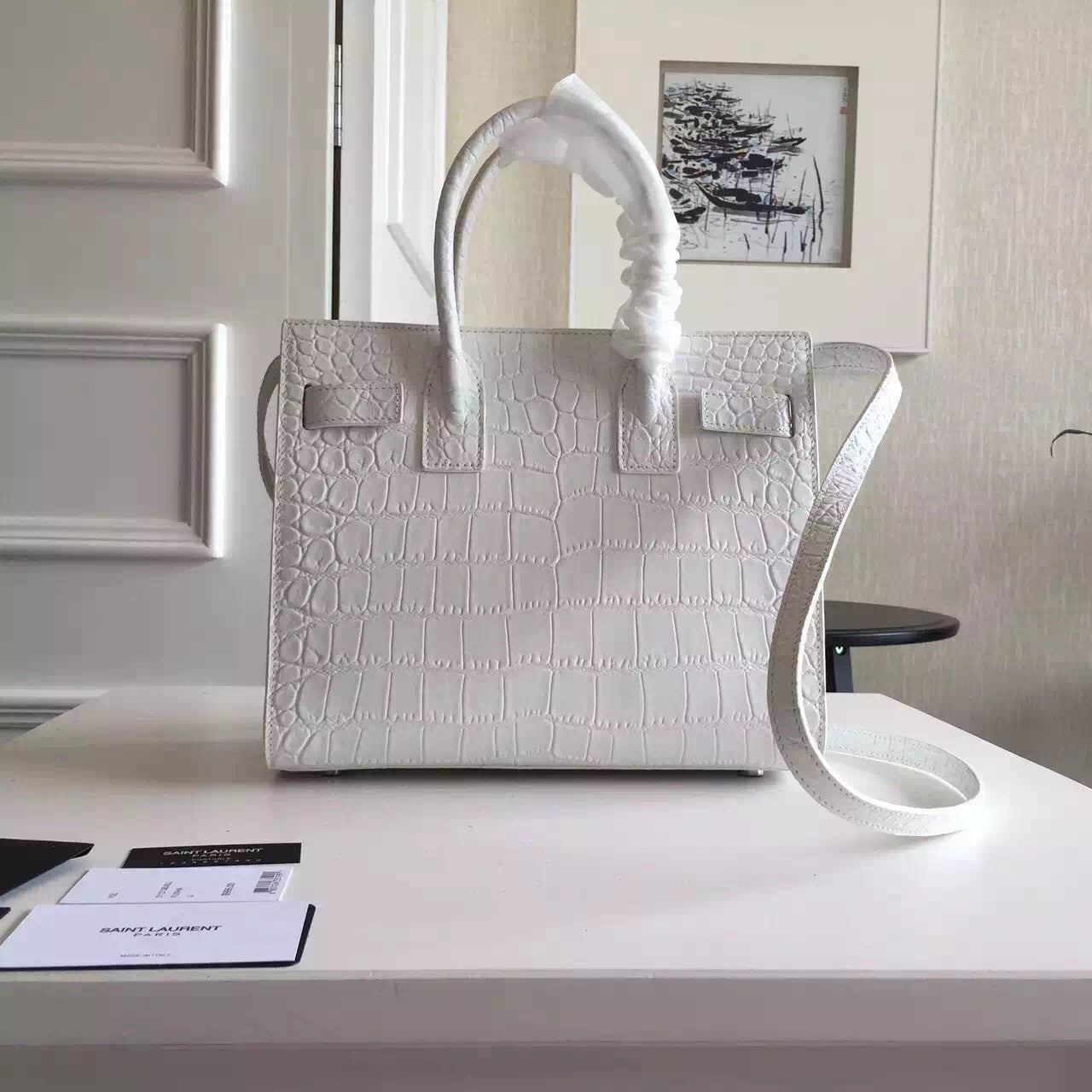 Yves Saint Laurent Baby Sac De Jour Croc Embossed White Bag