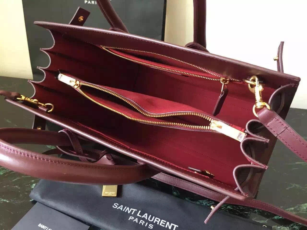 Yves Saint Laurent Small Sac De Jour Bag In Burgundy Leather