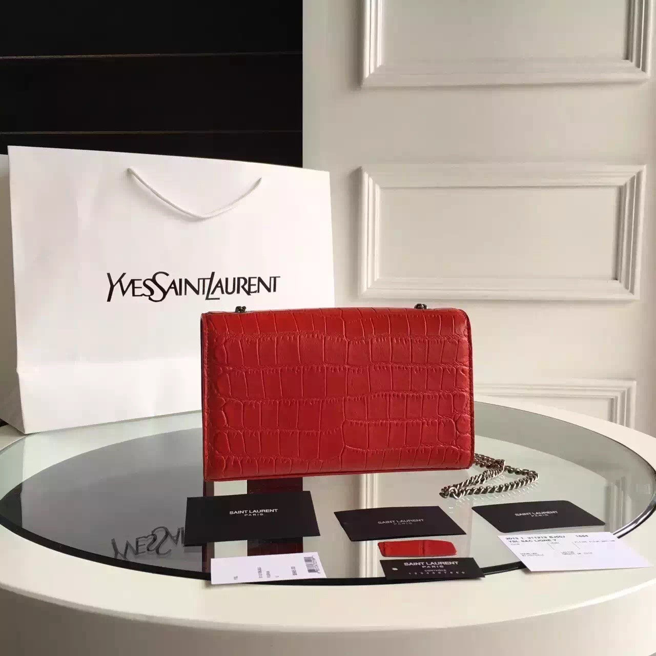 Yves Saint Laurent Medium Monogram Satchel In Red Crocodile Leather