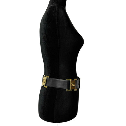 CHANEL Vintage 1980's Black Leather and Gold Buckle CC Link Belt