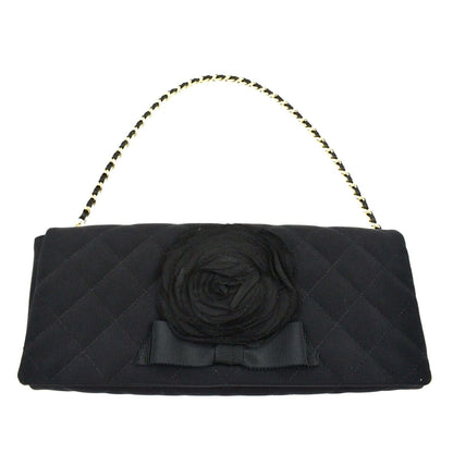 CHANEL - Camellia Black Satin Pochette Bag - Gold Chain Strap Quilted