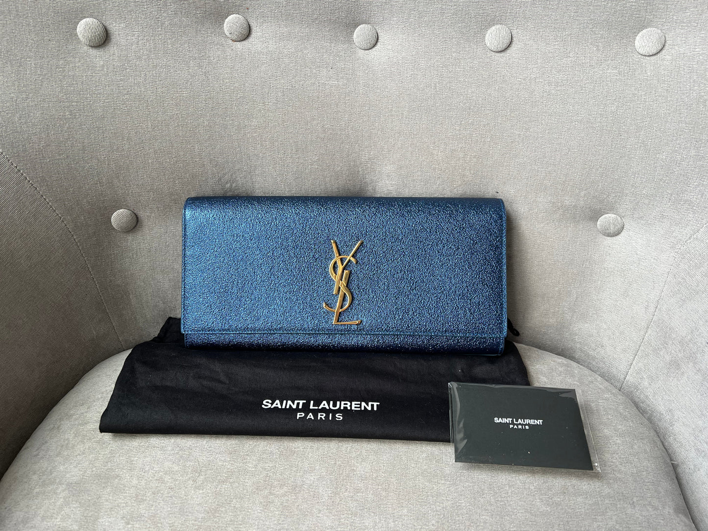 Yves Saint Laurent (YSL) Blue Glitter Cassandre Clutch