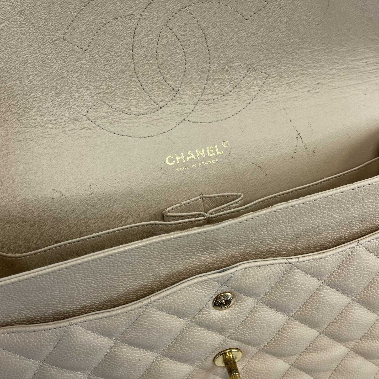 CHANEL - Large CC Caviar Leather Double Flap Tan Shoulder Bag