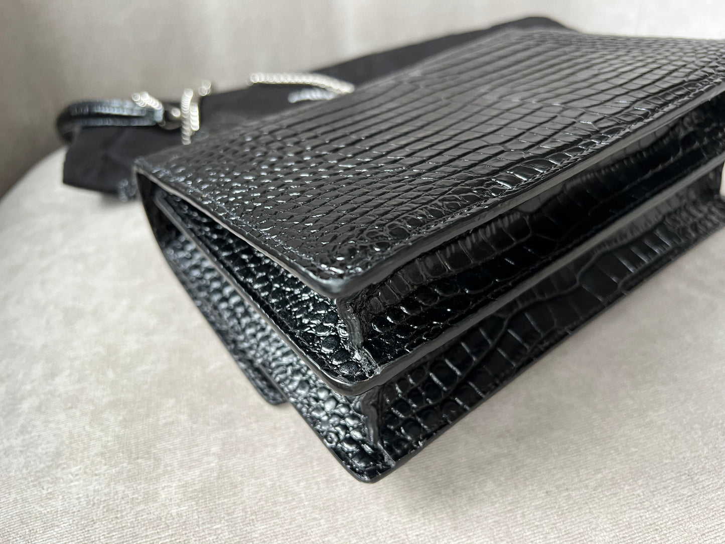 Yves Saint Laurent (YSL) Black Croc Medium Sunset with Silver Hardware