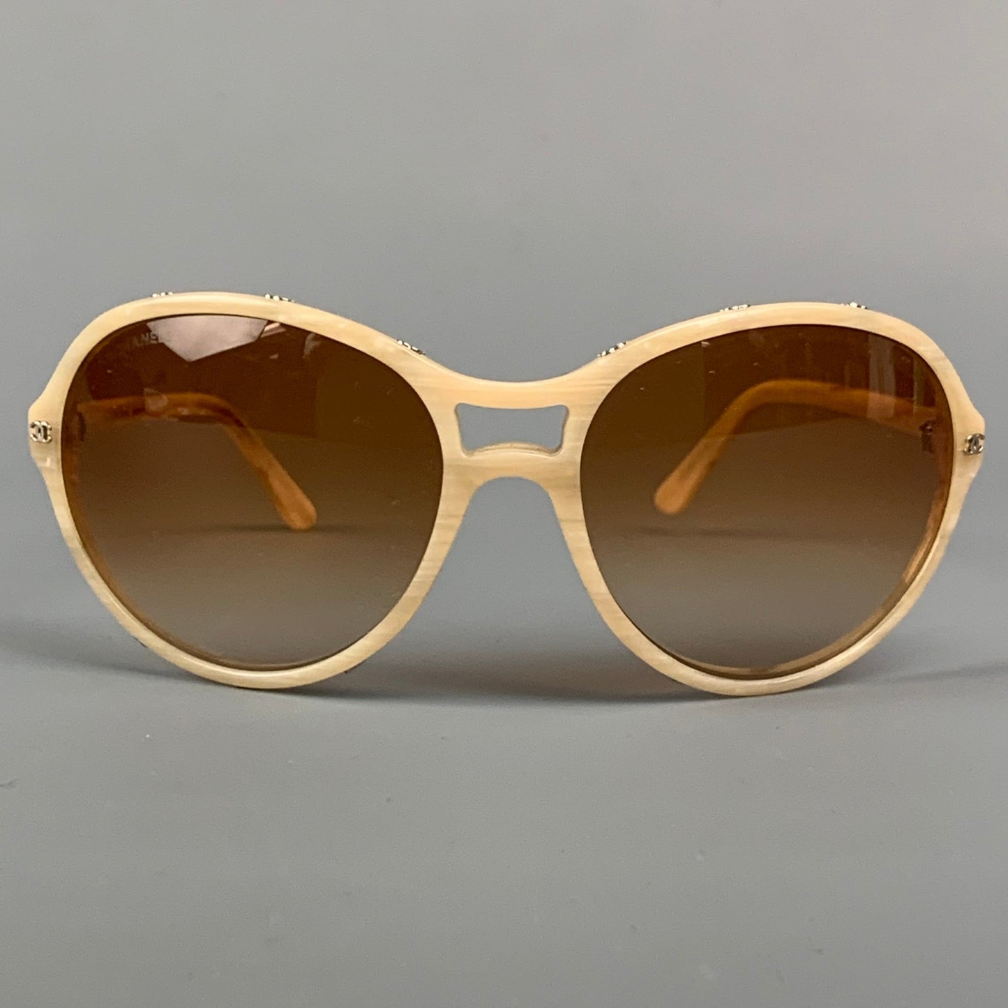 CHANEL Beige Studded Acetate Round Sunglasses