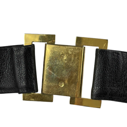 CHANEL Vintage 1980's Black Leather and Gold Buckle CC Link Belt