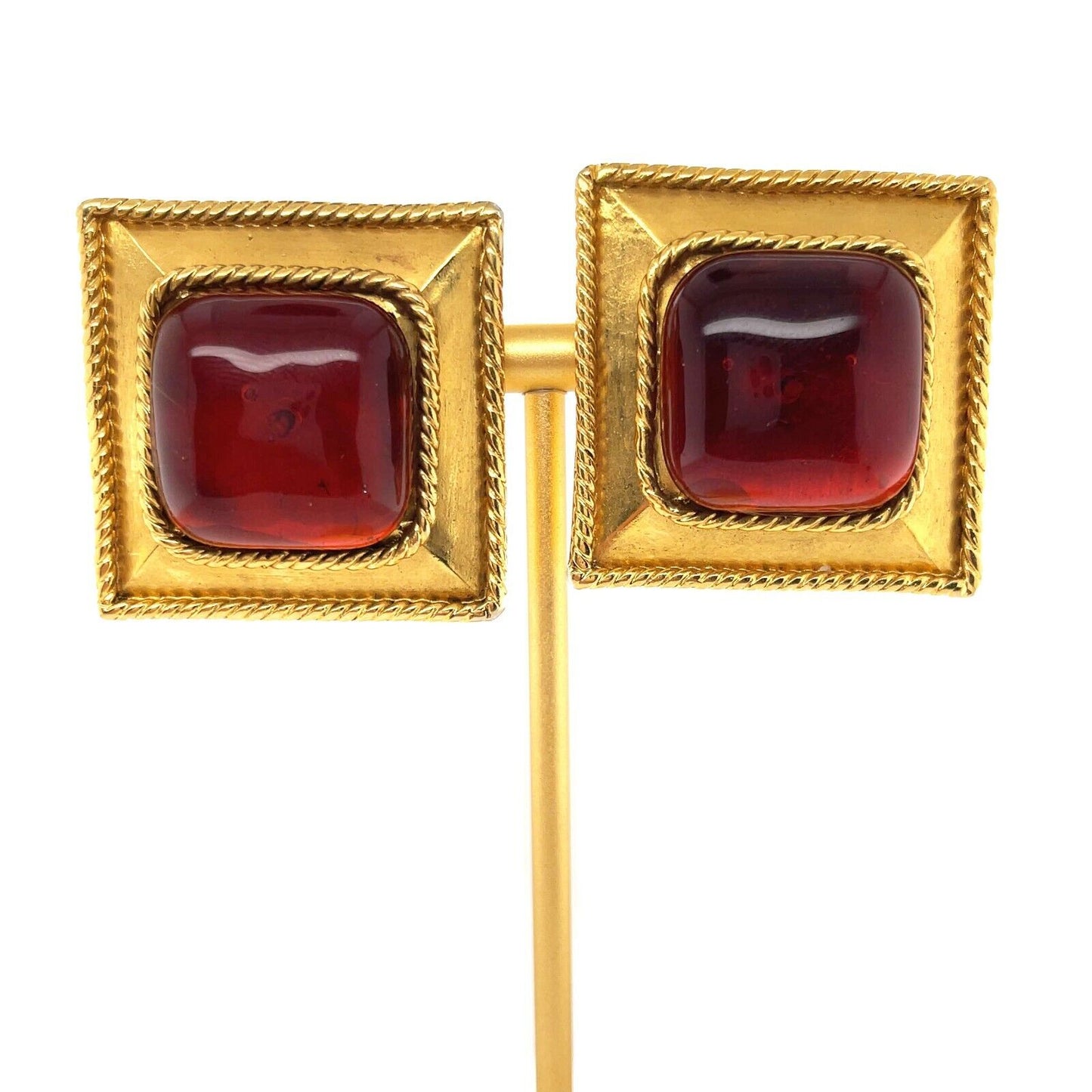 CHANEL- Vintage Stamped 25 Gripoix Square Clip On Earrings - Orange / Red / Gold