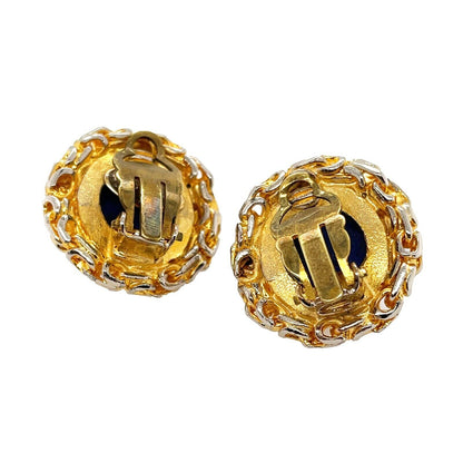 CHANEL - 93A Woven Chain Lapis Lazuli Cabochon Button Earrings Gold / Blue