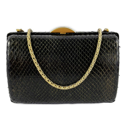 CHANEL - VTG 1990s Black Snakeskin Crossbody Minaudiere Clutch - Stamped Closure