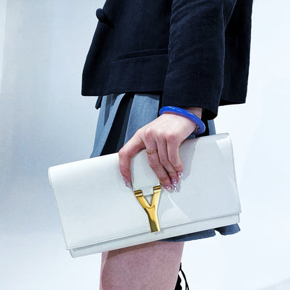 Yves Saint Laurent White Textured Leather Y-ligne Clutch