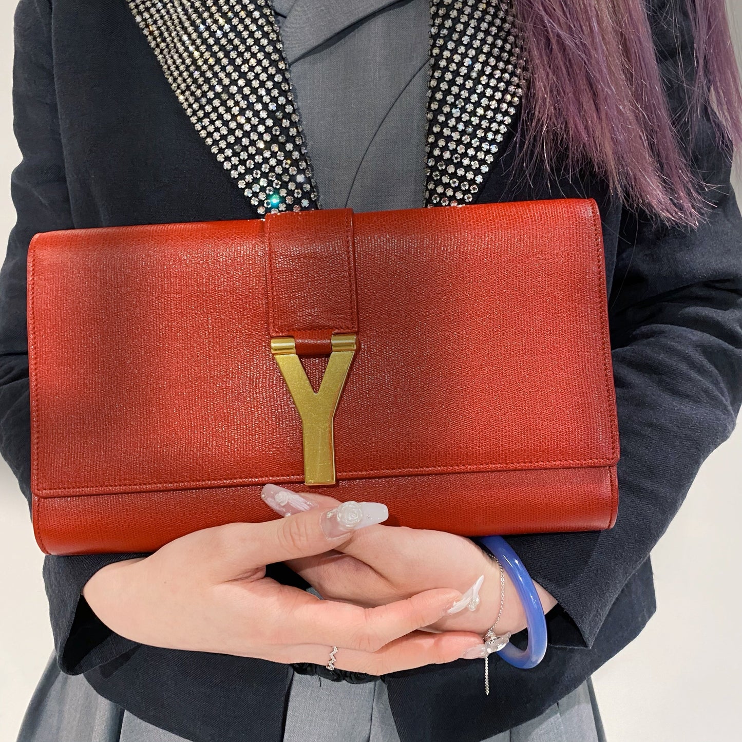 Yves Saint Laurent Red Textured Leather Y-ligne Clutch