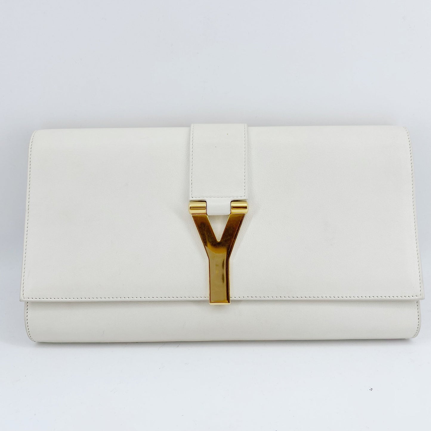 Yves Saint Laurent White Textured Leather Y-ligne Clutch