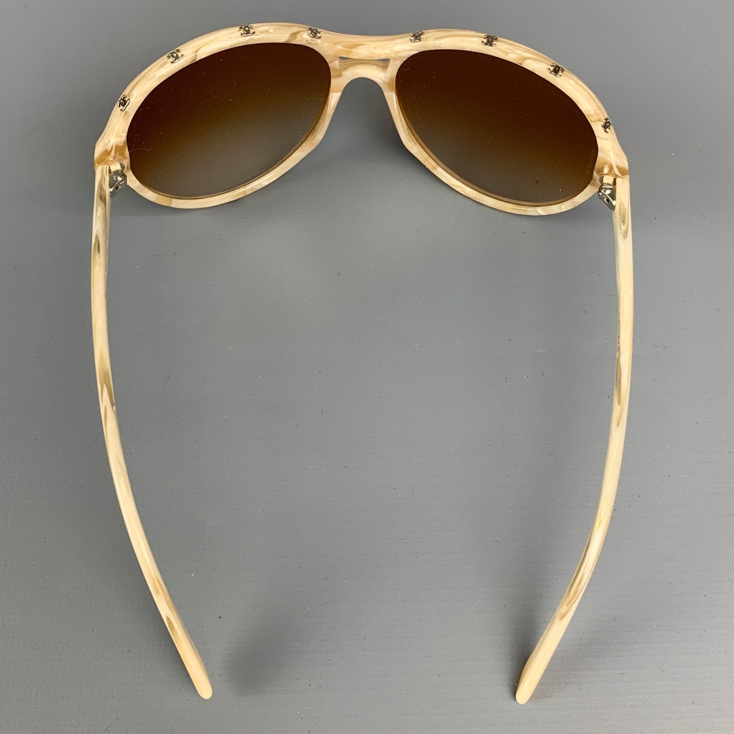 CHANEL Beige Studded Acetate Round Sunglasses