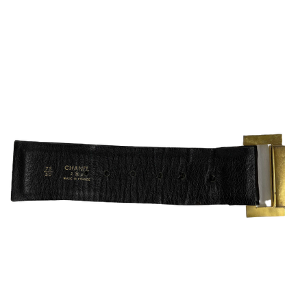 CHANEL Vintage 1980's Black Leather and Gold Buckle CC Link Belt