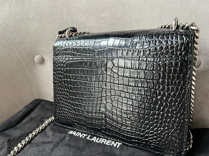 Yves Saint Laurent (YSL) Black Croc Medium Sunset with Silver Hardware