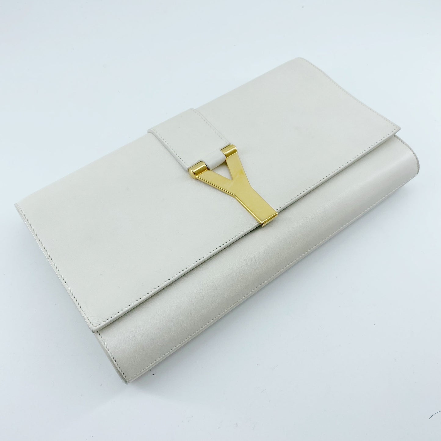 Yves Saint Laurent White Textured Leather Y-ligne Clutch