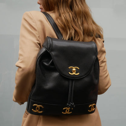 CHANEL 1991-1994 Black Caviar Triple CC Backpack AK36817d