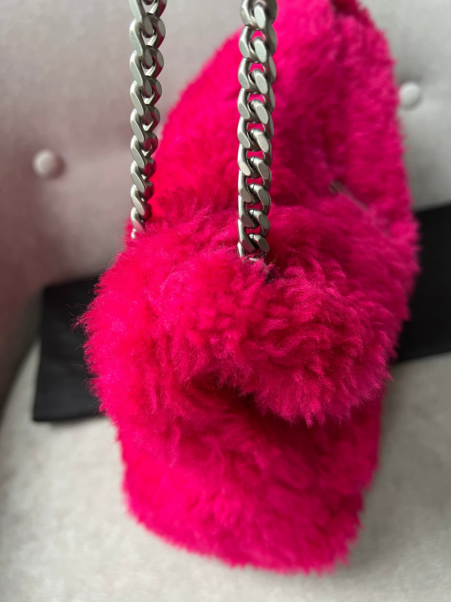 Yves Saint Laurent (YSL) Small Puffer in Pink Shearling with Silver Hardware