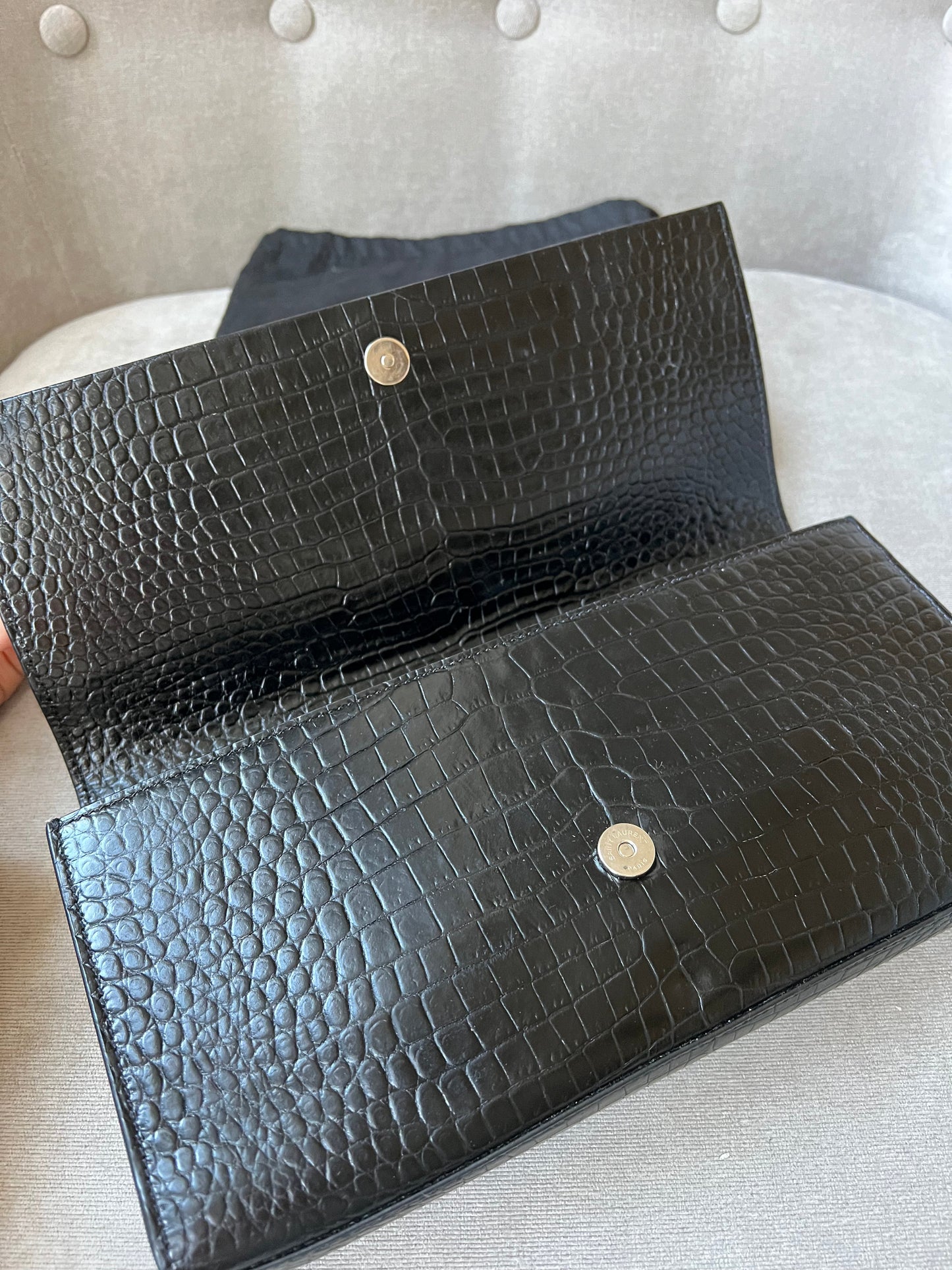 Yves Saint Laurent (YSL) Black Croc Print Kate Clutch