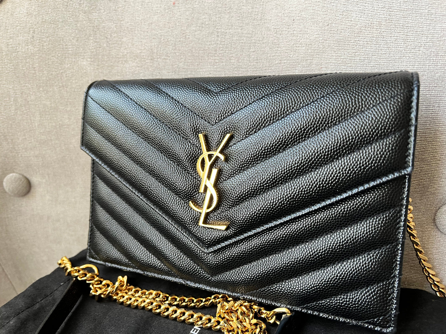 Yves Saint Laurent (YSL) Black Cassandra Envelope Chain Wallet