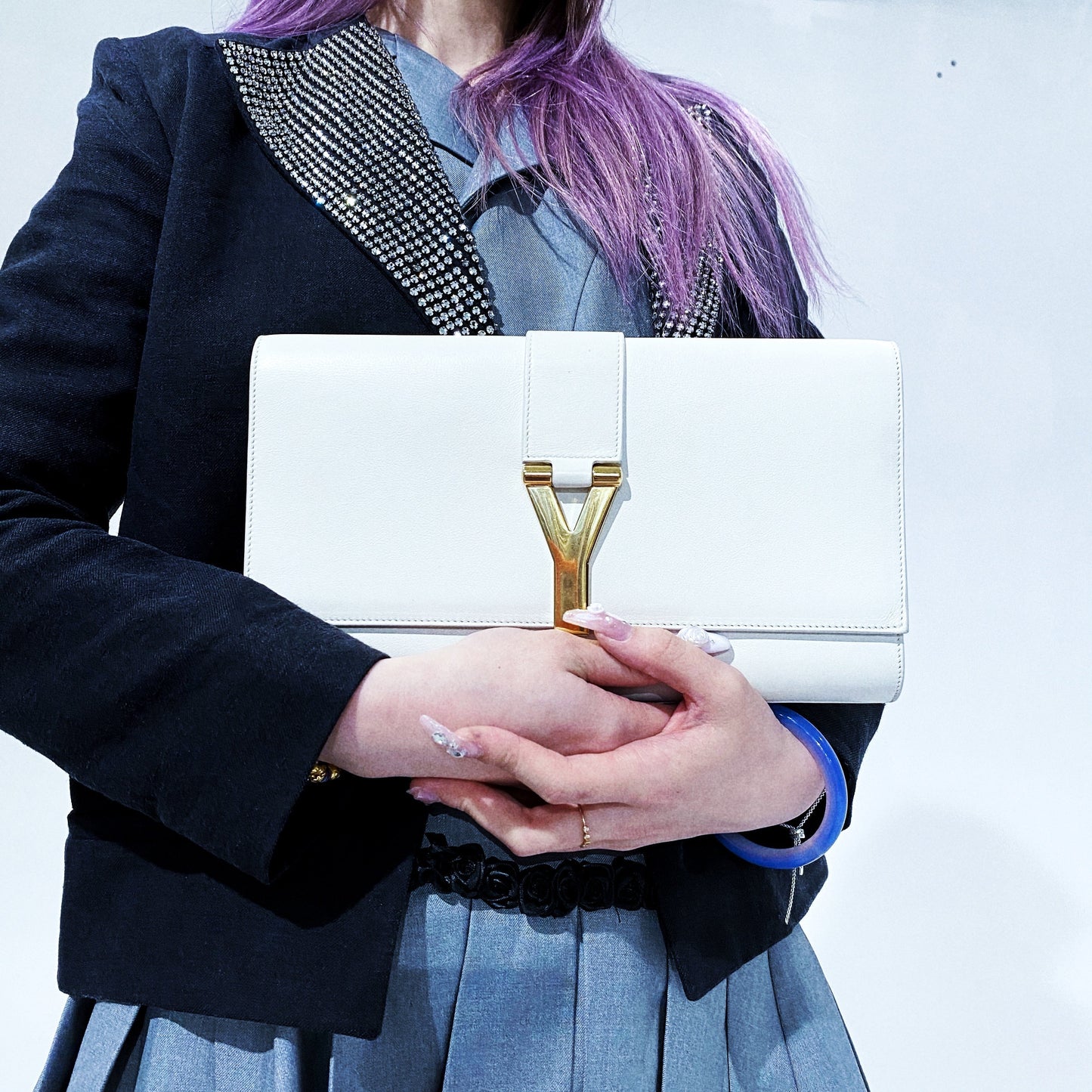 Yves Saint Laurent White Textured Leather Y-ligne Clutch